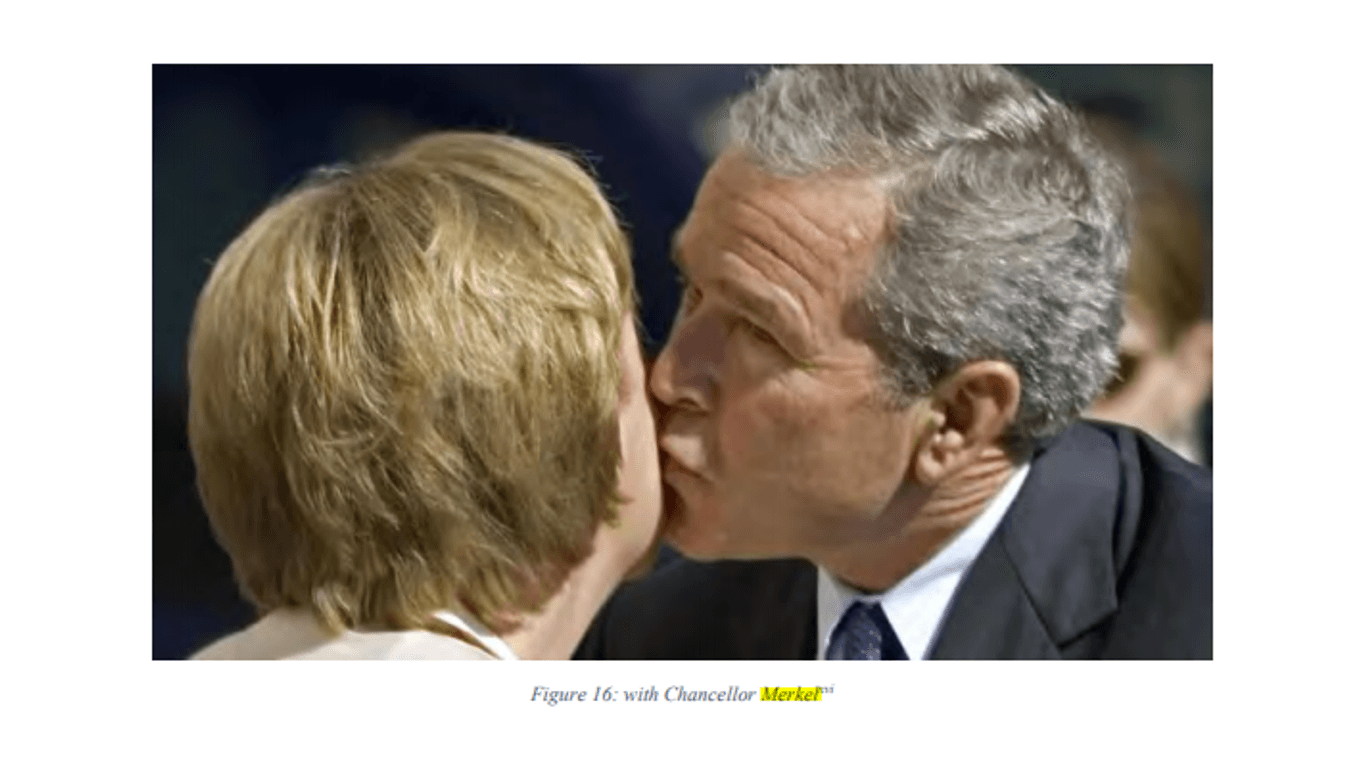 "Abbildung 16" in Cuomos Stellungnahme: Ein Wangenkuss zwischen der Kanzlerin und George W. Bush im Jahr 2006.