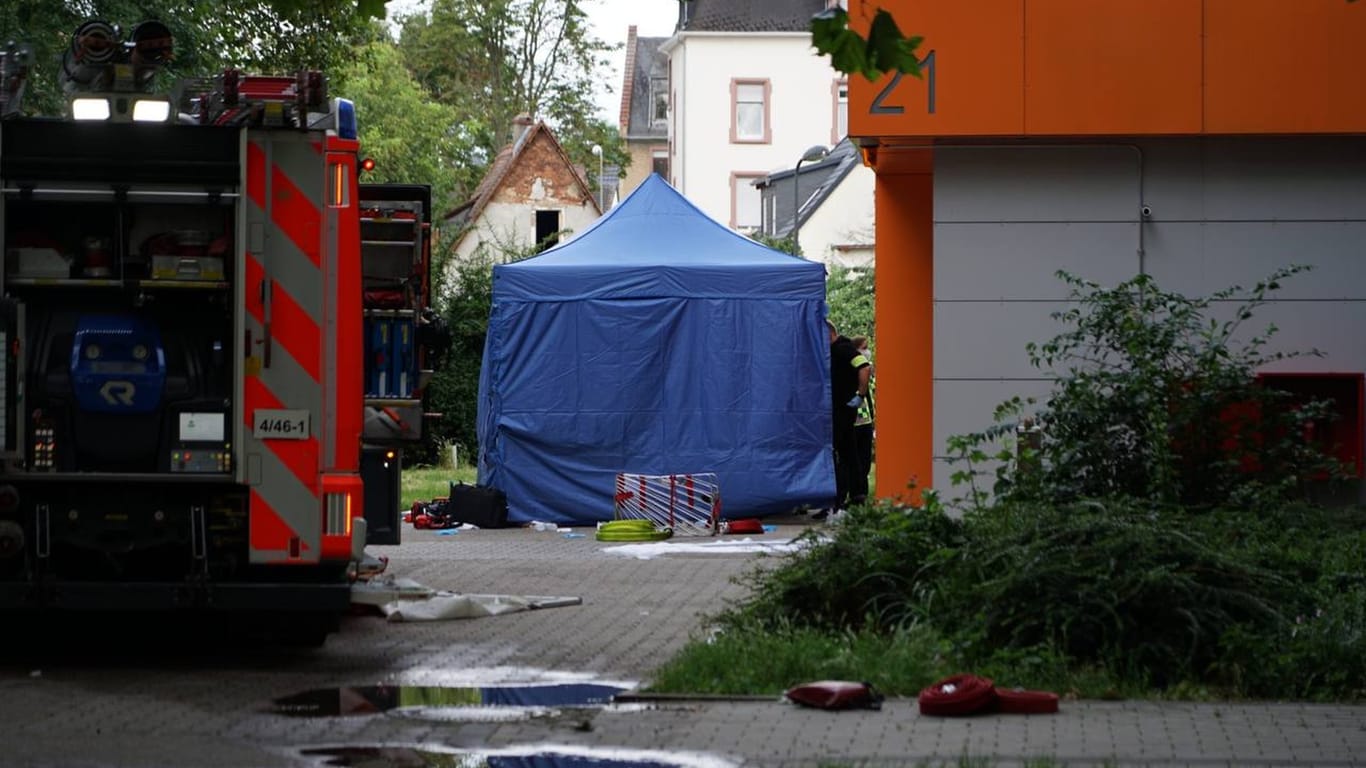 Ein Einsatzwagen der Feuerwehr Frankfurt neben einem Zelt, das den Tatort vor Blicken schützt: Der Gesprungene konnte trotz Reanimationsversuchen nicht mehr gerettet werden.