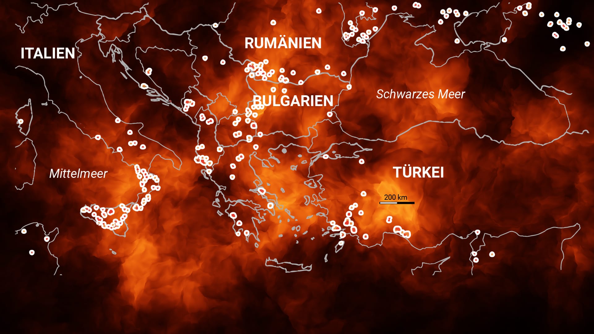 Blick auf die Waldbrangebiete in Südeuropa: Mehrere Länder kämpfen aktuell gegen die hohen Temperaturen.