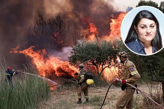 Feuerwehrleute auf der Peloponnes in Griechenland: Der Süden Europas kämpft seit Tagen mit extremer Hitze und Waldbränden.