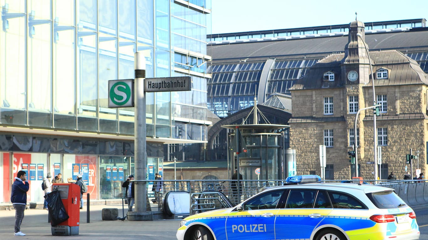 Ein Polizeiwagen steht vor dem Eingang zur S-Bahn-Haltestelle am Hamburger Hauptbahnhof (Symbolbild): Der Tatverdächtige soll einen Mann am Bahnhof attackiert haben.