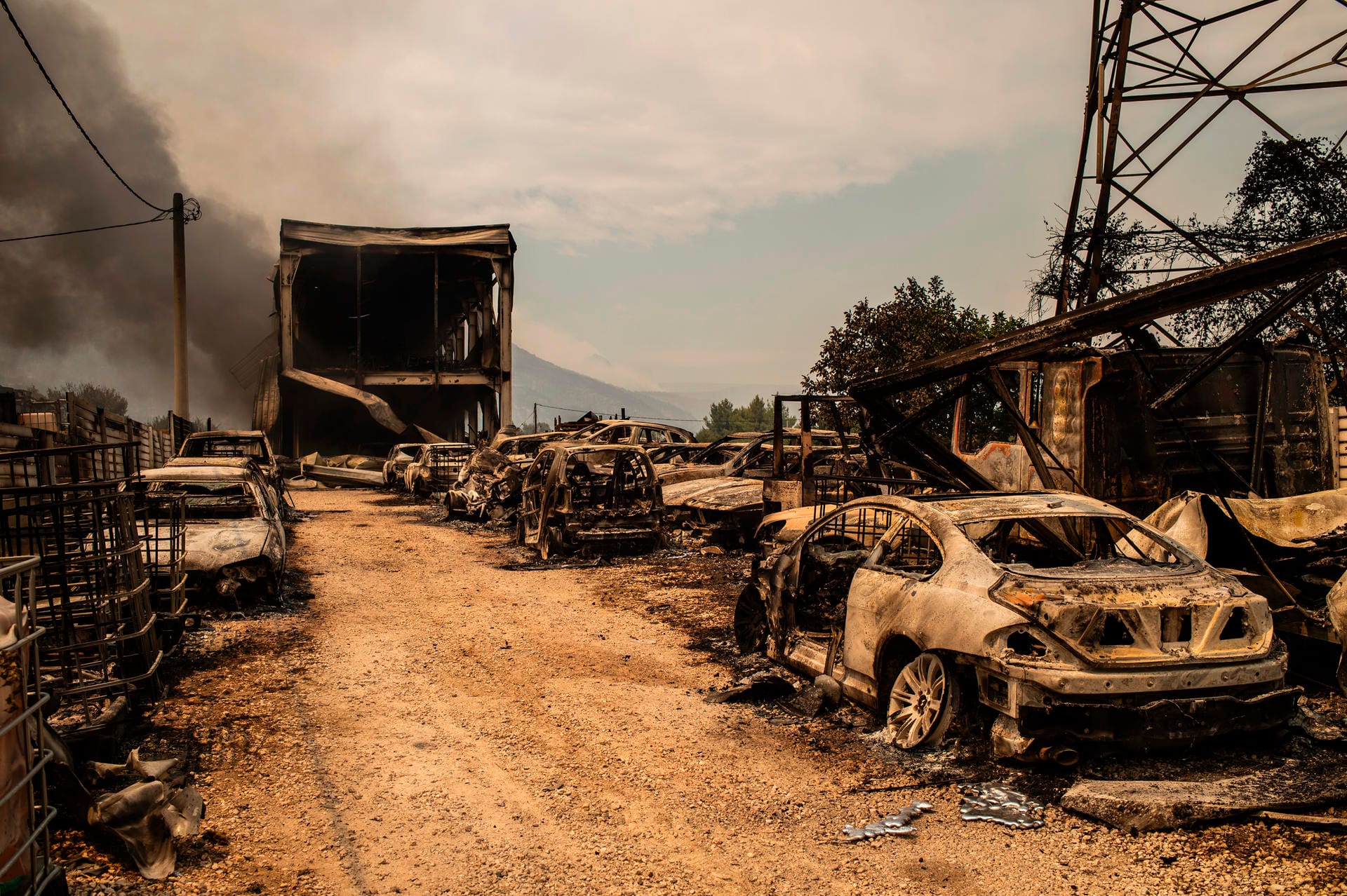 Die Flammen hinterlassen an vielen Orten in Griechenland ein Bild der Verwüstung. In der Kleinstadt Afidnes, eine Autostunde von Athen entfernt, stehen ausgebrannte Autos am Straßenrand.