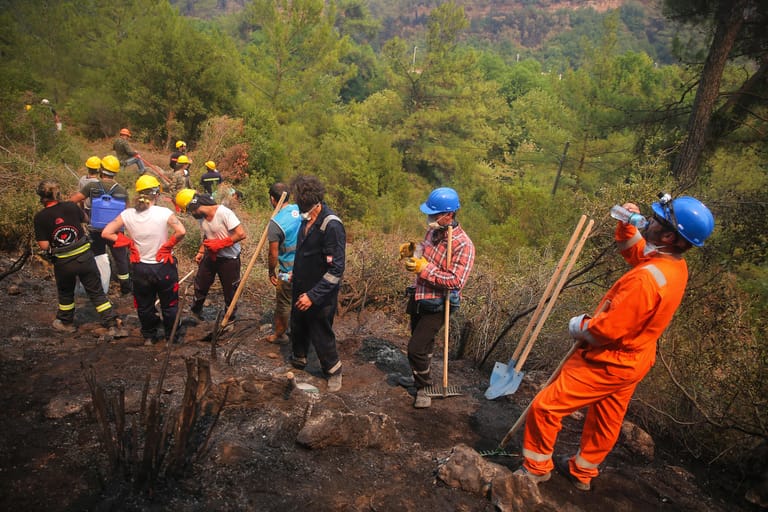 In Mugla haben helfen Hunderte Freiwillige dabei, die Brände einzudämmen.