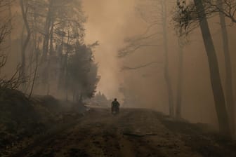 Weg durch den Rauch: Waldbrände wie hier auf der griechischen Insel Evia werden durch Hitze und Dürre begünstigt.