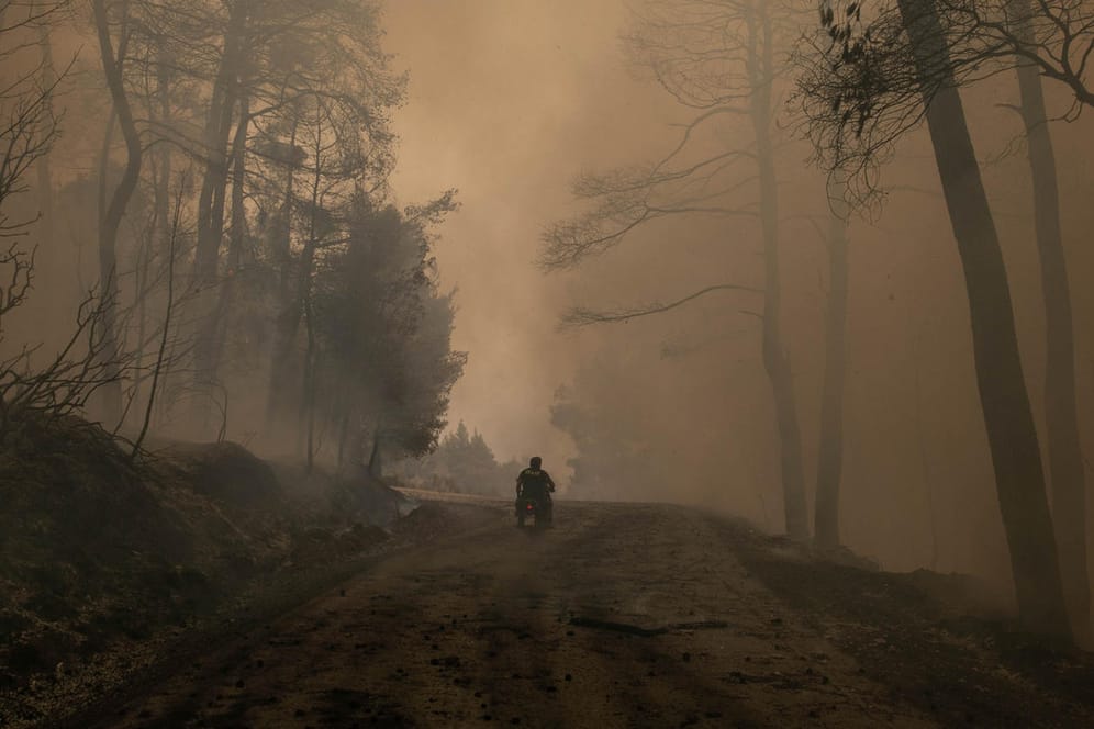 Weg durch den Rauch: Waldbrände wie hier auf der griechischen Insel Evia werden durch Hitze und Dürre begünstigt.