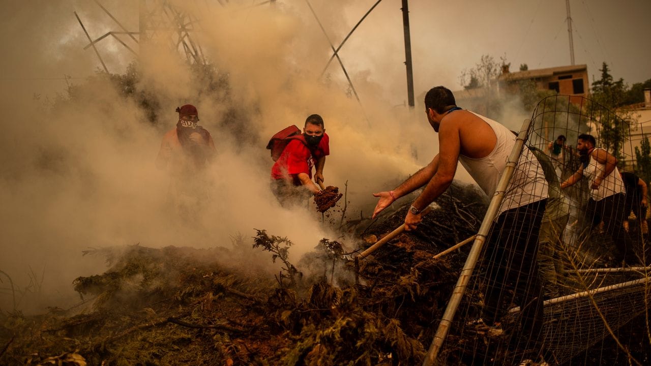Freiwillige Helfer geben ihr Bestes, um einen Waldbrand nördlich von Athen zu löschen.