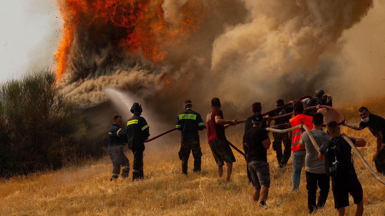 Feuerwehrleute und Freiwillige versuchen ein Feuer in Afidnes, etwa 30 Kilometer von der griechischen Hauptstadt Athen entfernt, zu löschen.