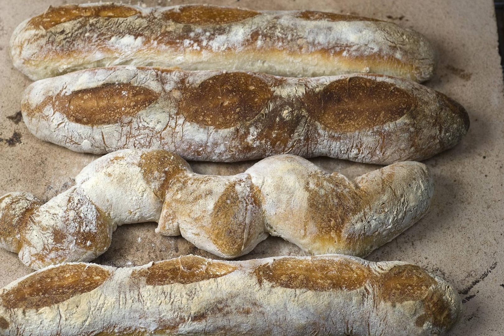 Schamottstein: Baguettes aus Weizensauerteig direkt aus dem Ofen.