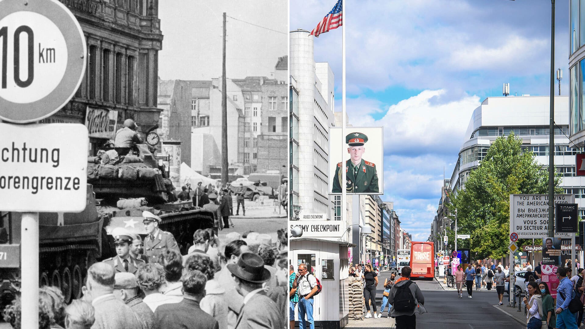 Checkpoint Charlie damals und heute: Vor 60 Jahren wurde in Berlin die Mauer gebaut.