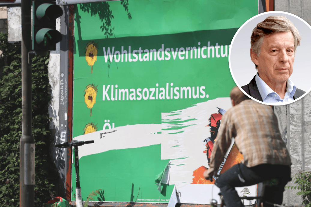 Ein Plakat mit den Schriftzügen "Wohlstandsvernichtung" und "Klimasozialismus" hängt am Straßenrand: Die Schmähkampagne gegen die Grünen hat Empörung ausgelöst.