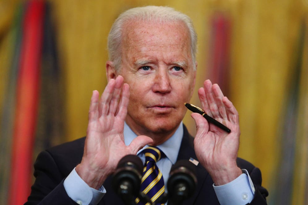 US-Präsident Joe Biden bei einer Pressekonferenz im Juli zum Abzug amerikanischer Truppen aus Afghanistan: Nach dem Einmarsch der Taliban in der Hauptstadt Kabul gibt es international Kritik an Biden.