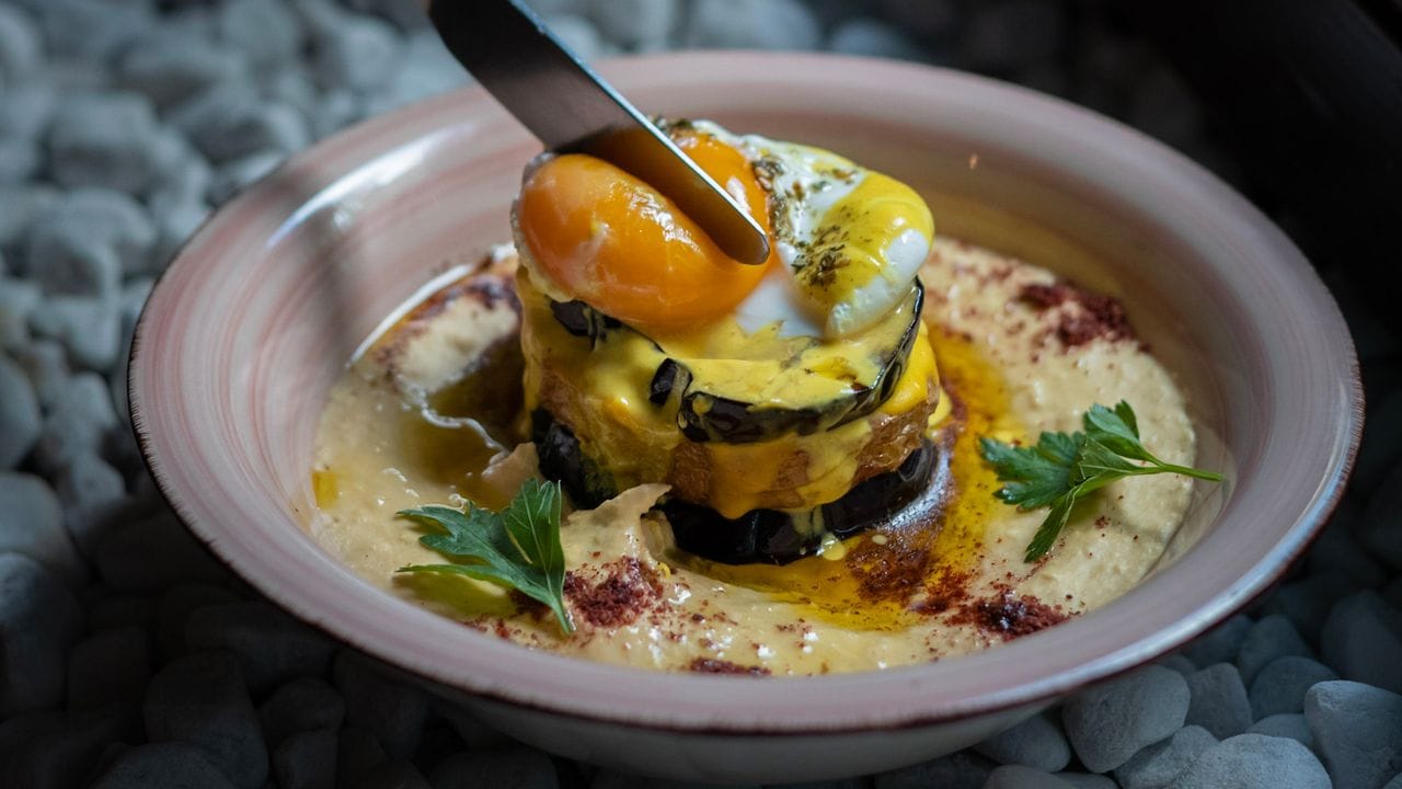 Im Berliner Restaurant Kanaan wird Hummus als Hauptgericht serviert, wie etwa Hummus Sabich mit Auberginen und Ei.