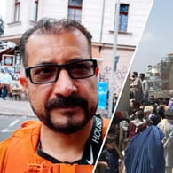Sayed Sadaat in seiner Arbeitskleidung steht in Leipzig, er hat 2020 Afghanistan verlassen (Montage): In Kabul versuchen derzeit Menschen, über den Flughafen zu fliehen.