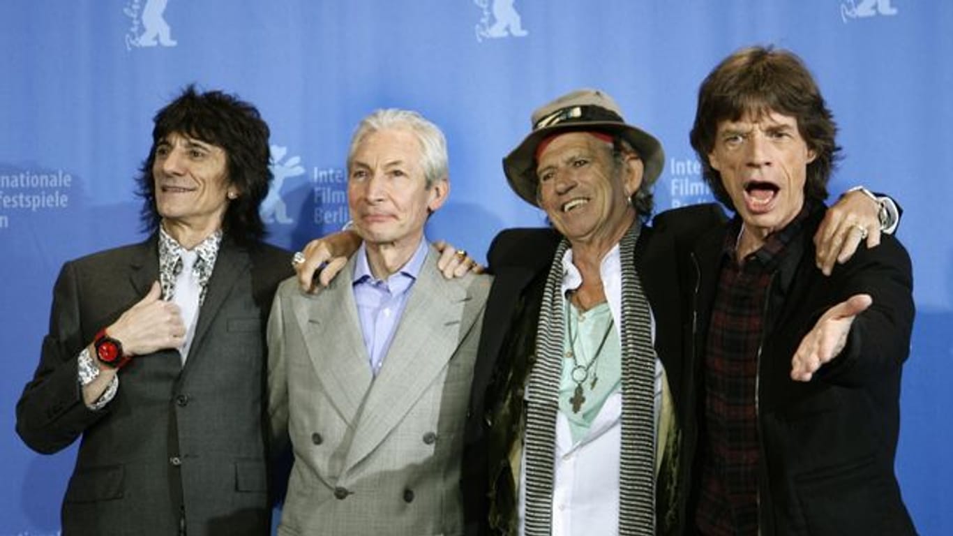 Die Rolling Stones - Ron Wood (l-r), Charlie Watts, Keith Richards und Mick Jagger - 2008 in Berlin.