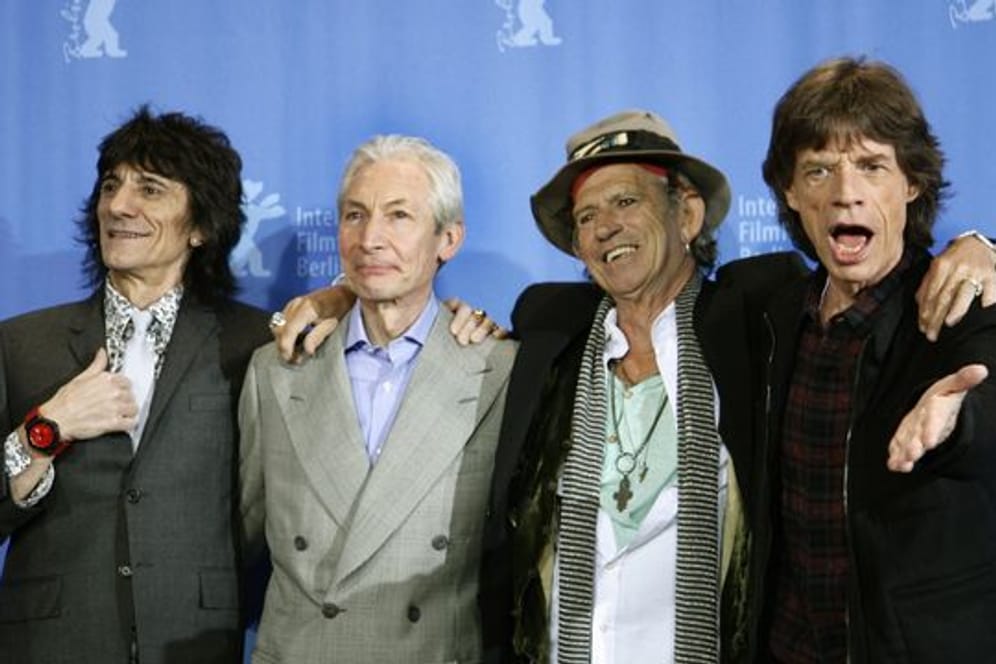 Die Rolling Stones - Ron Wood (l-r), Charlie Watts, Keith Richards und Mick Jagger - 2008 in Berlin.