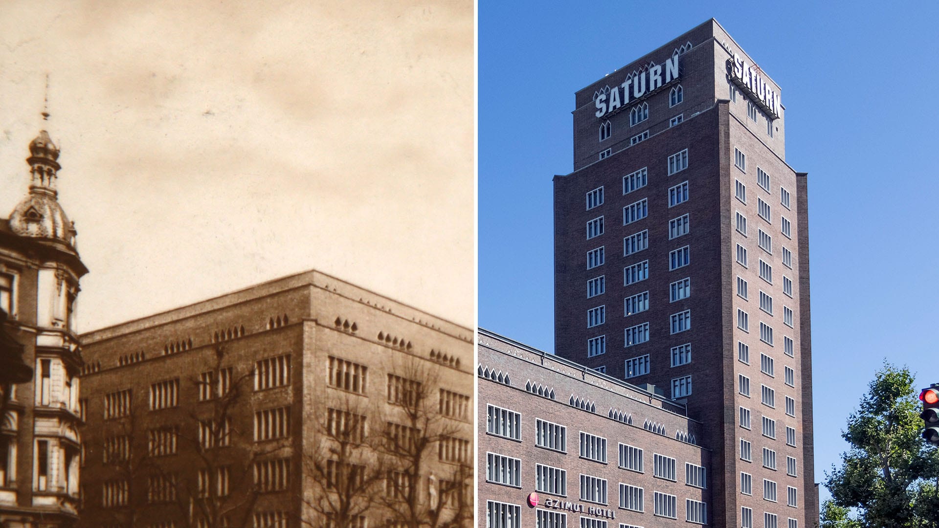 Das Hansahochhaus damals (um 1925) und heute: Zum Zeitpunkt der Fertigstellung war es mit 65 Metern das höchste Gebäude Deutschlands.