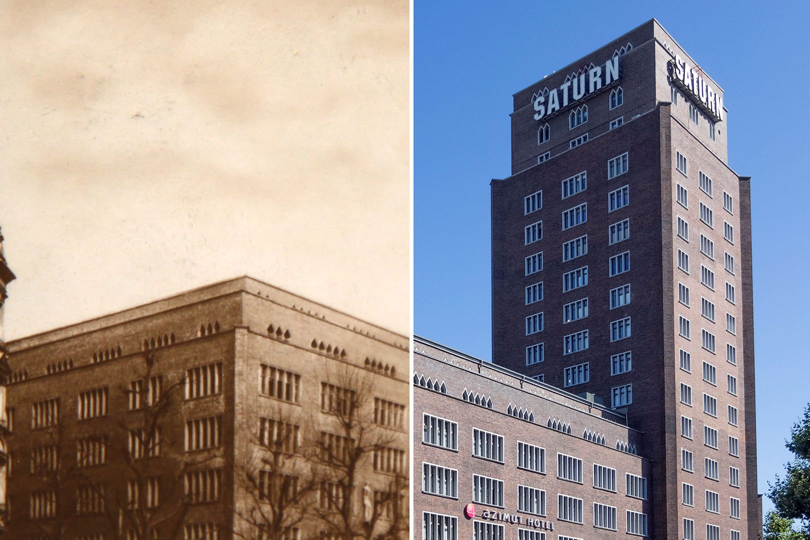 Das Hansahochhaus damals (um 1925) und heute: Zum Zeitpunkt der Fertigstellung war es mit 65 Metern das höchste Gebäude Deutschlands.