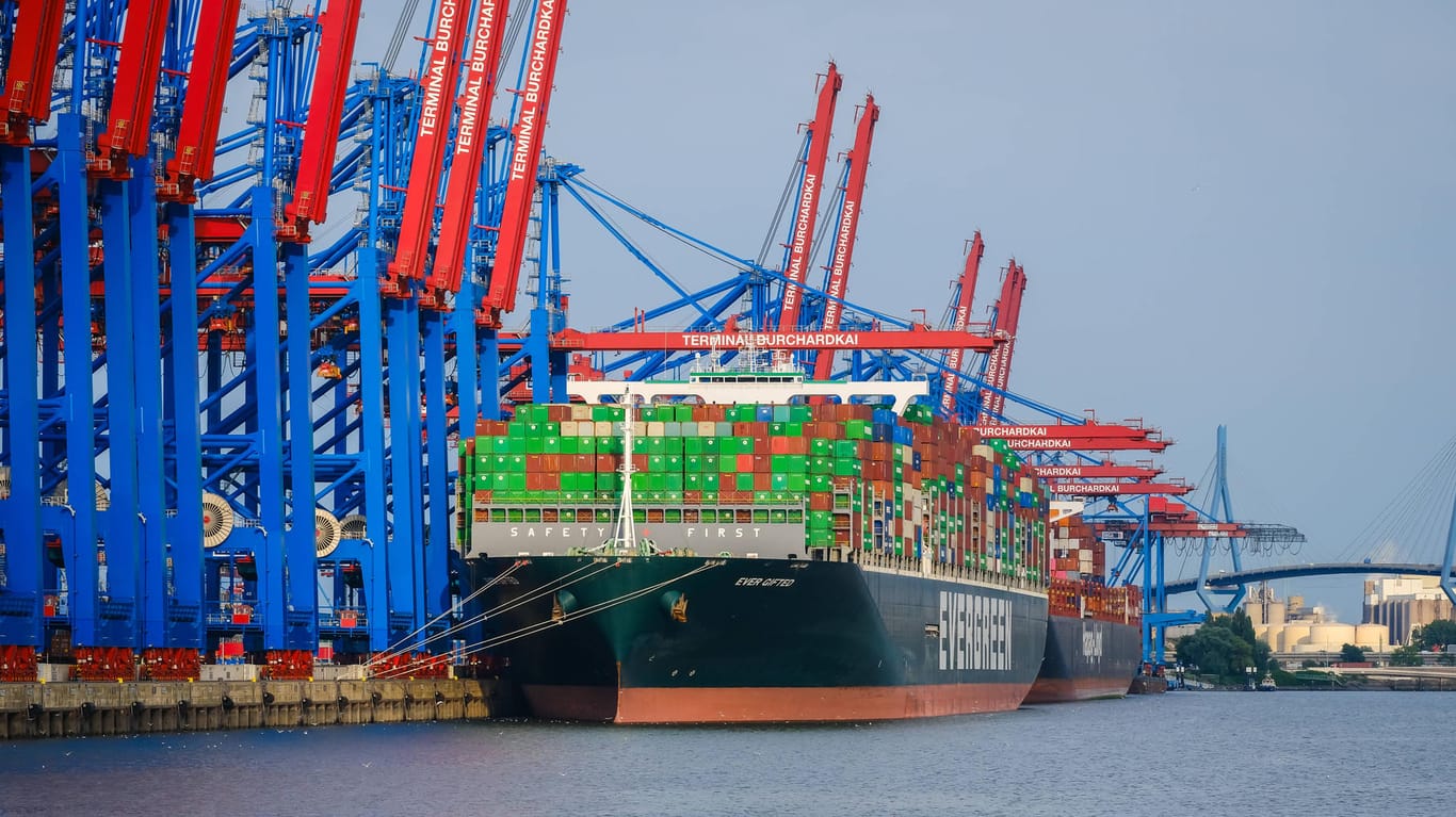 Containerschiff im Hamburger Hafen (Symbolbild): Die Preise für importierte Rohstoffe und Waren ist im Juli auf ein neues Rekordhoch gestiegen.
