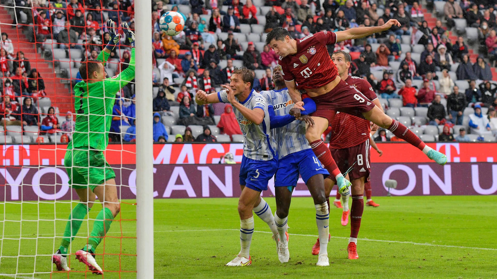 Er springt höher als alle Berliner: Lewandowski (M.) köpft gegen Hertha ein. Er springt höher als alle Berliner: Lewandowski (M.) köpft gegen Hertha ein.
