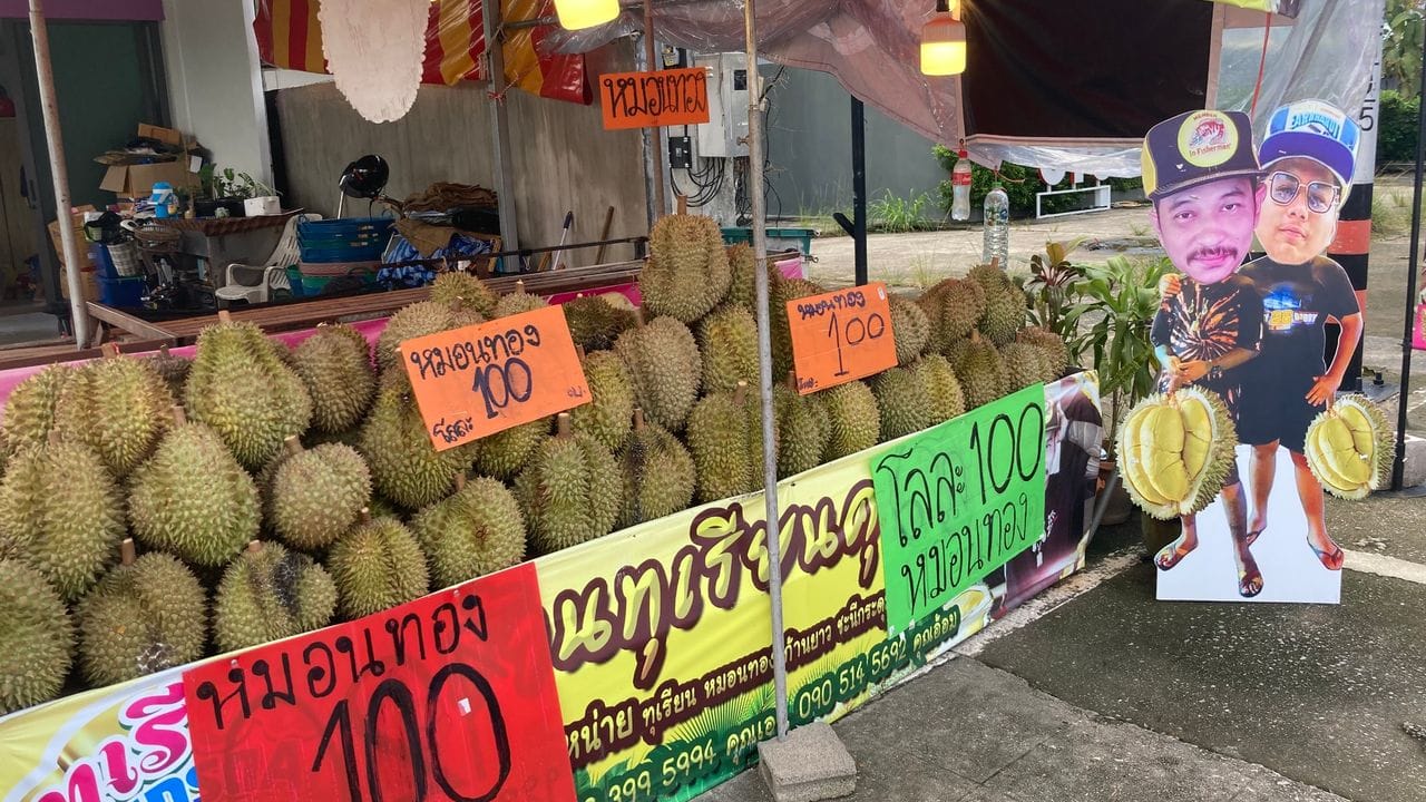An einem Straßenstand im Süden von Phuket werden Durian Stinkfrüchte angeboten.