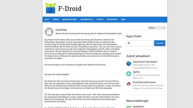 Neu im Laden: Die Covpass gibt es nun auch als freie Software bei F-Droid. Neu im Laden: Die Covpass gibt es nun auch als freie Software bei F-Droid.