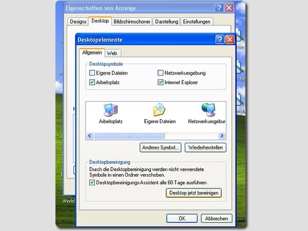 Desktop aufräumen – XP: Im Lauf der Zeit sammeln sich auf dem Desktop überflüssige Verknüpfungen an. Windows schafft selbst wieder Ordnung. So geht’s: Klicken Sie mit der rechten Maustaste auf den Desktop und wählen Sie "Eigenschaften". Klicken Sie auf der Registerkarte "Desktop“ auf die Schaltfläche "Desktop anpassen …". Unter "Allgemein, Desktopbereinigung" wählen Sie "Desktop jetzt bereinigen". Ein Assistent zeigt Ihnen an, wann Sie eine Verknüpfung zuletzt verwendet haben und entfernt die gewünschten Elemente.