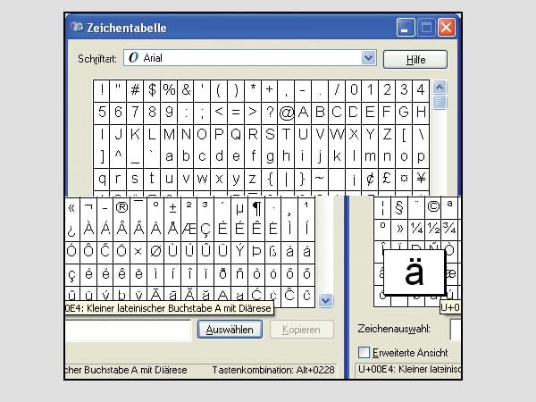Schriftzeichen editieren – XP/Vista: Mit den Ascii-Codes lassen sich an jeder Tastatur mit Nummernblock auch Zeichen eingeben, die nicht aufgedruckt sind. Rufen Sie dazu das Tool "Zeichentabelle" mit [Windows R] und dem Befehl charmap auf. Markieren Sie ein Zeichen in der Tabelle, und das System zeigt rechts unten den entsprechenden Code an: Die Zahlen müssen über den Nummernblock eingegeben werden. Halten Sie die Taste [Alt] gedrückt, während Sie die Zahlen eingeben.