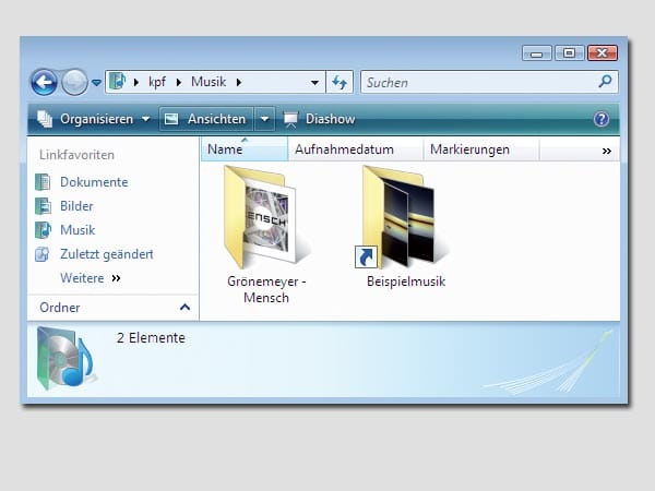 CD-Cover für MP3-Ordner einblenden – XP/Vista: CD-Cover finden Sie zum Beispiel unter www.cover-paradies.to oder www.findcdcovers.com. Speichern Sie die Grafik auf Ihrem PC im Format JPG unter dem Namen Folder.jpg in dem Verzeichnis, in dem das Cover als Ordnersymbol angezeigt werden soll.möglichst in einer Bildgröße von 300 x 300 Pixeln. Wählen Sie unter XP im Windows-Explorer "Ansicht, Miniaturansicht", unter Vista "Ansichten, Große Symbole".