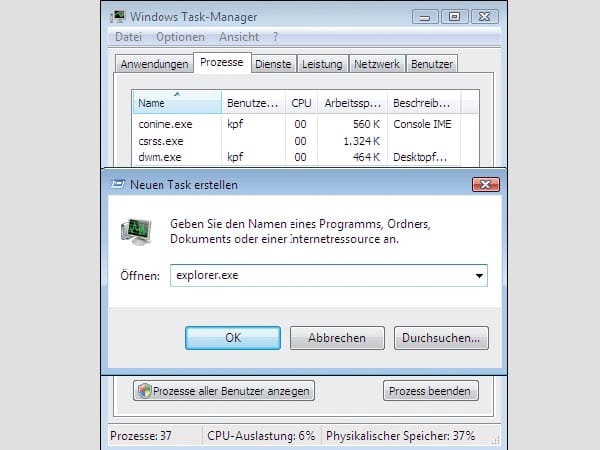 Explorer neu starten – XP/Vista: Wenn der Windows-Explorer abstürzt, lässt sich mit Windows kaum mehr arbeiten. Ein erneuter Aufruf des Dateimanagers mit [Windows E] schlägt meist fehl. Mit diesem Trick startet der Dateimanager ohne einen Reboot des ganzen Systems. So geht’s: Drücken Sie die Tastenkombination [Strg + Umschalt + Esc]. Der Task-Manager öffnet sich. Wählen Sie "Datei, Neuer Task (Ausführen …)", geben Sie explorer.exe ein und bestätigen Sie mit "OK". Der Windows-Explorer startet neu.