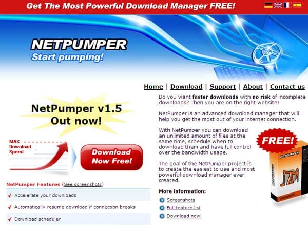Netpumper ist ein kostenloser Downloadmanager, der mit Adware verseucht ist. Die Software finanziert sich mit der Anzeige von Werbe-Einblendungen, die regelmäßig auf dem Desktop erscheinen.