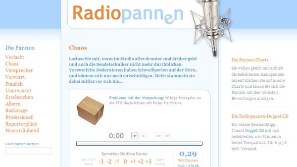 Auf radiopannen.de ist der Name Programm: Auf der Seite lassen sich Pannen wie lustige Versprecher oder Lachanfälle von Moderatoren nachhören.