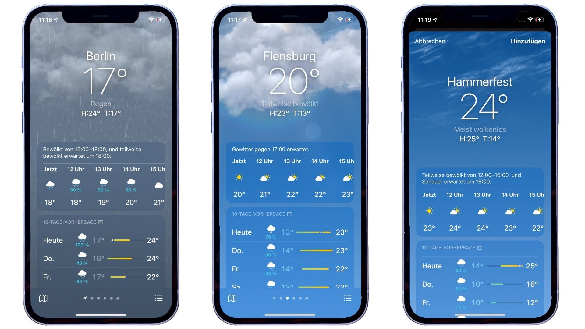 Die Wetter-App zeigt die jeweiligen Wetterlagen jetzt auch hübsch animiert an. Laut Apple soll es hier tausende unterschiedliche Darstellungsvarianten geben. Sogar kleine Details wie der von der Wetterkachel abprallende Regentropfen wurden integriert.