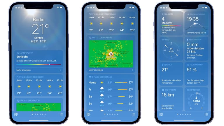 Die Wetter-App ist jetzt deutlich übersichtlicher aufgebaut. Wetterkarten geben zudem mehr Übersicht.