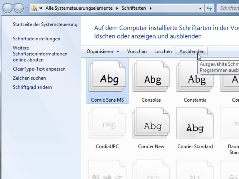 Windows 7: Schriftarten ausblenden. (Screenshot: t-online.de)
