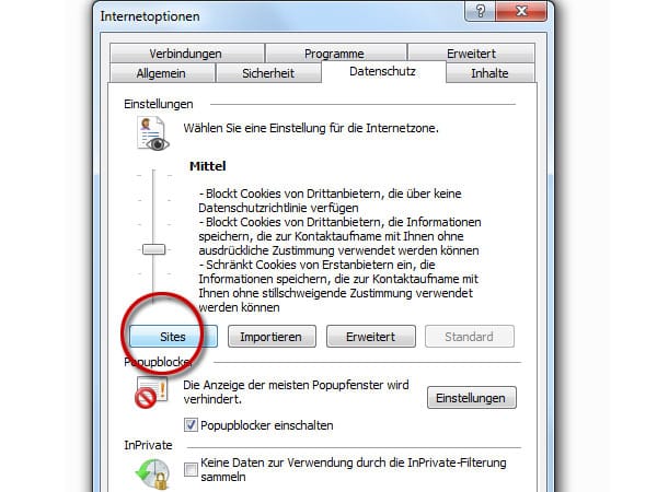 Internet Explorer - Cookie-Verwaltung (Screenshot: t-online.de)