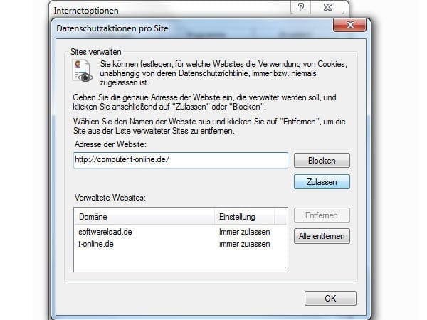 Internet Explorer - Cookie-Verwaltung (Screenshot: t-online.de)