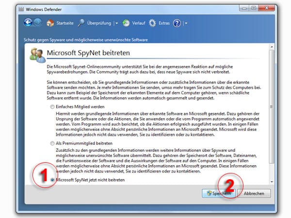 Microsoft Spynet entschärfen (Screenshot: t-online.de)