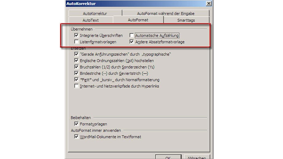 Automatische Aufzählung in Word abschalten