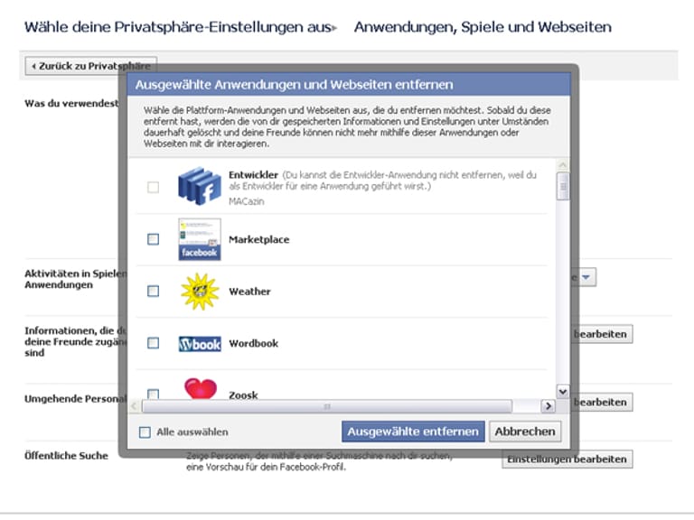 ... dann können Sie die jeweiligen Anwendungen markieren und mit dem Klick auf "Ausgewählte entfernen" löschen. (Screenshot: t-online.de)