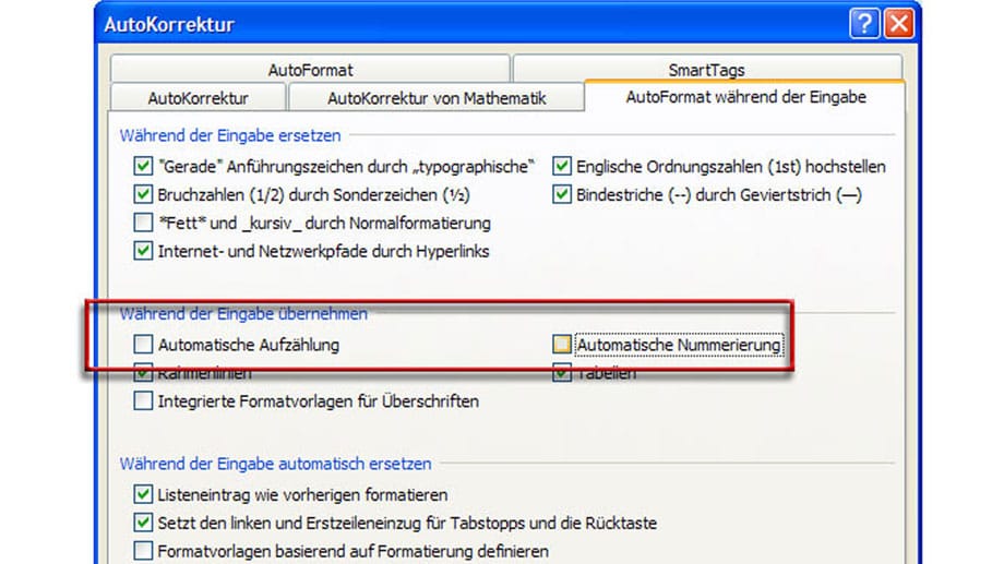 Automatische Aufzählung in Word 2007 und 2010 abschalten