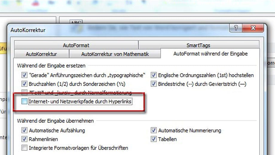 Automatische Internet-Verlinkung in Word 2007 und 2010 abschalten