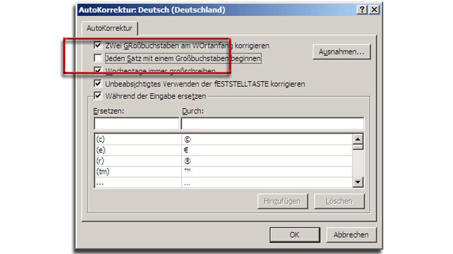 Automatischer Großbuchstab am Satzanfang in Outlook und Word abschalten