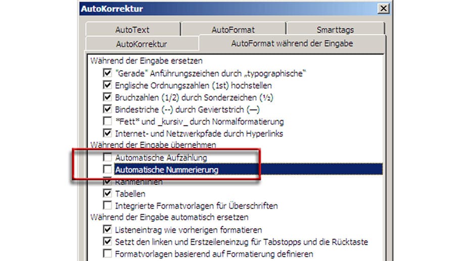 Automatische Aufzählung in Word abschalten