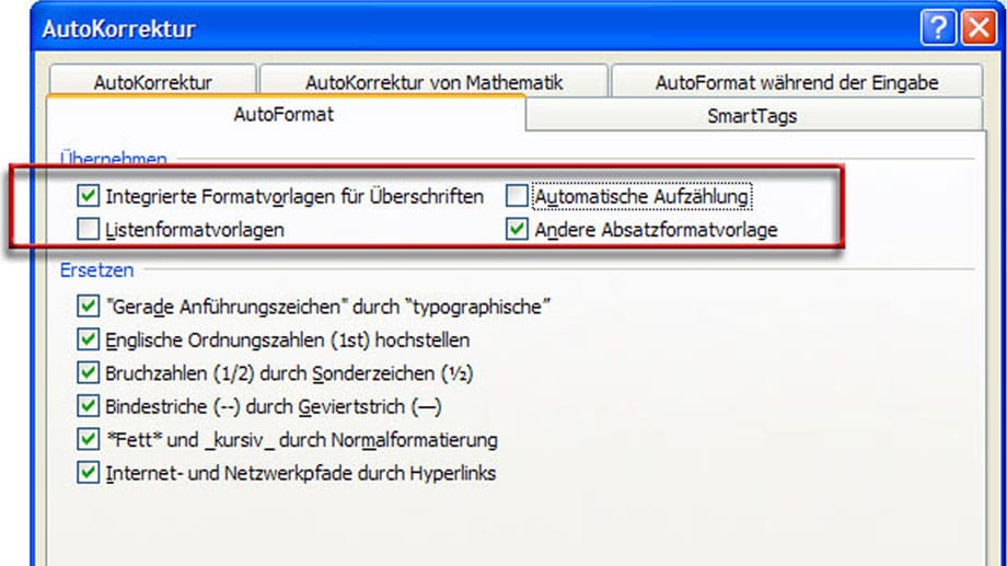 Automatische Aufzählung in Word 2007 und 2010 abschalten