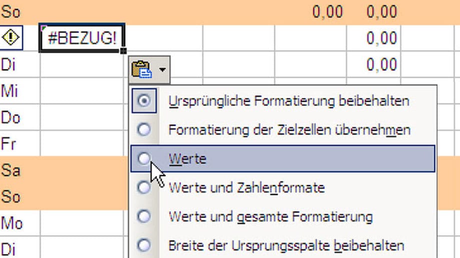 Werte in Excel-Tabellen kopieren