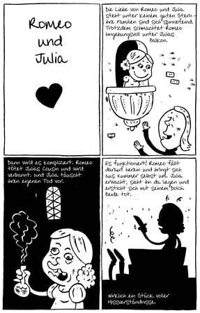 Auszug aus "Romeo und Julia" (Comic aus "Weltliteratur für Eilige" von Henrik Lange, Knaur Verlag)