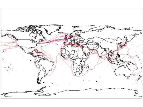 Diese Karte zeigt alle Unterseekabel, die den Globus umspannen. Neben Datenleitungen gehören auch Telefonkabel dazu. (