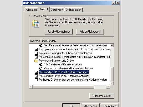 Vollständigen Dateipfad anzeigen (Screenshot: t-online.de)