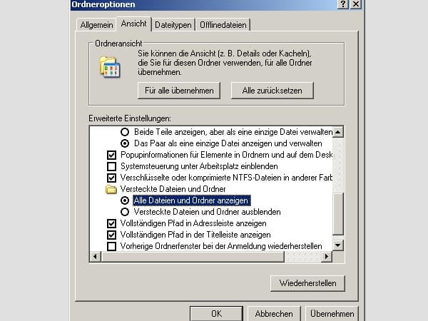 Versteckte Dateien anzeigen (Screenshot: t-online.de)