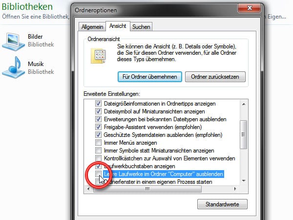 Leere Laufwerke in Windows 7 anzeigen. (Screenshot: t-online.de)